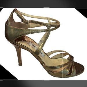 JIMMY CHOO Lancer Gold Metallic Leather Strappy Heels Size EU 38